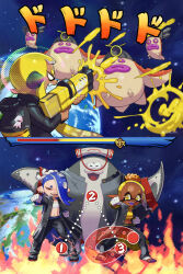  1boy 3girls :d agent_3_(splatoon_3) alternate_costume artist_name asymmetrical_hair bandaged_foot bandages big_man_(splatoon) black_jacket black_pants black_shirt blonde_hair blue_hair charm_(object) chest_sarashi clenched_hands colored_tongue commentary crop_top dark-skinned_female dark_skin empty_eyes english_commentary fangs fire firing frye_(splatoon) gakuran gameplay_mechanics gloves hair_over_one_eye hair_tie hairband headphones health_bar hero_shot_(splatoon_3) highres holding holding_weapon ink_tank_(splatoon) inkling inkling_girl inkling_player_character jacket long_hair long_pointy_ears long_sleeves manta_ray midriff multiple_girls navel nintendo octobomber octoling octotrooper one_eye_covered open_clothes open_jacket open_mouth orange_pupils osu!_tatakae!_ouendan pants planet pointy_ears purple_tongue red_eyes sarashi school_uniform shirt shiver_(splatoon) smile sound_effects space splatoon_(series) splatoon_3 standing star-shaped_pupils star_(symbol) stup-jam suction_cups symbol-shaped_pupils tabi tentacle_hair translation_request twintails v-shaped_eyebrows watermark weapon white_gloves white_hairband yellow_eyes yellow_shirt 
