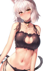 1girl ahoge animal_ear_fluff animal_ears bell black_panties blonde_hair blush bra breasts cat_cutout cat_ear_panties cat_ears cat_lingerie cat_tail choker cleavage cleavage_cutout clothing_cutout cowboy_shot fate/apocrypha fate/grand_order fate_(series) frilled_bra frills glint groin highres jeanne_d&#039;arc_(fate) jeanne_d&#039;arc_alter_(avenger)_(fate) jeanne_d&#039;arc_alter_(fate) jingle_bell kemonomimi_mode large_breasts long_hair looking_at_viewer meme_attire motokonut navel neck_bell panties short_hair side-tie_panties silver_hair simple_background solo stomach tail tsurime underwear underwear_only v-shaped_eyebrows white_background yellow_eyes rating:Sensitive score:59 user:danbooru