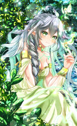  1girl absurdres ahoge bare_shoulders braid breasts commentary_request crystalfly_(genshin_impact) dappled_sunlight dress eyelashes genshin_impact gold_choker gradient_hair green_dress green_eyes green_hair green_sleeves hair_ornament highres leaf_hair_ornament light_blush long_braid long_hair looking_at_viewer multicolored_hair nature pointy_ears riverbank rukkhadevata_(genshin_impact) side_braid single_braid sitting sleeveless sleeveless_dress smile solo_focus star-shaped_pupils star_(symbol) sunlight symbol-shaped_pupils two-tone_hair white_hair 