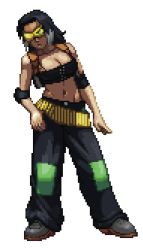  1girl bandolier black_hair breasts diepod elbow_pads female_focus full_body hellhound_chronicle_(history_asunder) holster jamie_steltz lowres multicolored_hair navel pixel_art safety_glasses simple_background solo standing two-tone_hair white_background  rating:Sensitive score:8 user:Mishima