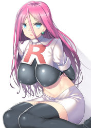 1girl alternate_color alternate_hairstyle arms_behind_back black_footwear black_gloves black_thighhighs blue_eyes boots breasts covered_erect_nipples creatures_(company) earrings game_freak gloves hair_down impossible_clothes impossible_shirt jessie_(pokemon) jewelry large_breasts long_hair looking_at_viewer midriff nagase_haruhito navel nintendo pencil_skirt pokemon pokemon_(anime) purple_hair shiny_clothes shirt shrug_(clothing) sitting skirt solo team_rocket thigh_boots thighhighs zettai_ryouiki rating:Questionable score:170 user:danbooru
