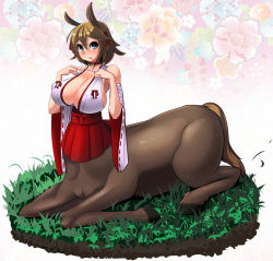  1girl animal_ears bare_shoulders blue_eyes blush breasts brown_hair centaur choker cleavage detached_sleeves highres huge_breasts japanese_clothes looking_at_viewer miko monster_girl open_mouth perky_breasts ribbon-trimmed_sleeves ribbon_trim short_hair sitting solo taur umigarasu_(magipro) 