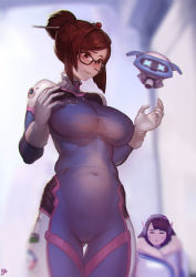 2girls beads belly blizzard_(company) blurry blush bodysuit breast_envy breasts brown_eyes brown_hair cosplay costume_switch d.va_(overwatch) d.va_(overwatch)_(cosplay) depth_of_field facial_mark glasses gloves gluteal_fold hair_bun hair_ornament hair_stick highres instant_ip large_breasts love_handles mei_(overwatch) mei_(overwatch)_(cosplay) muffin_top multiple_girls navel overwatch overwatch_1 plump revision robot see-through single_hair_bun snowball_(overwatch) standing taut_clothes thigh_gap undersized_clothes whisker_markings white_gloves rating:Sensitive score:165 user:danbooru