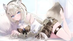  1girl :o animal bare_shoulders barefoot belt blue_eyes breasts breasts_out commission head_on_pillow indie_virtual_youtuber indoors kurage_cc large_breasts leg_belt looking_at_viewer lying no_legwear no_shoes on_side skeb_commission solo tail thigh_belt thigh_strap thighs 