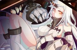  1girl abyssal_ship artist_name bare_shoulders black_horns boots breasts claws commentary_request detached_sleeves dress ebbilin feet_out_of_frame horns kantai_collection knee_boots knees_up large_breasts long_hair looking_at_viewer open_mouth pale_skin revision ribbed_dress ribbed_sweater seaport_princess sideboob single_horn skin-covered_horns solo striped_horns sweater sweater_dress very_long_hair white_footwear white_hair 