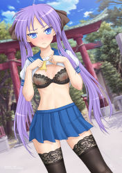  00s 1girl bad_id bad_pixiv_id black_bra black_thighhighs blue_eyes blue_skirt blush bra breasts breasts_apart clothes_lift cloud covered_erect_nipples cowboy_shot day dutch_angle facing_viewer ffyak highres hiiragi_kagami lace lace-trimmed_legwear lace_trim lifted_by_self long_hair looking_at_viewer lucky_star microskirt miniskirt neck_ribbon nipples outdoors pleated_skirt public_indecency purple_hair school_uniform see-through self_exposure serafuku shirt_lift short_sleeves skirt sky small_breasts solo standing thighhighs torii tree twintails underwear undone_neck_ribbon zettai_ryouiki 