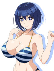  1girl abu arms_up bare_arms bare_shoulders bikini blue_bikini blue_eyes blue_hair bob_cut breasts cleavage closed_mouth commentary_request covered_erect_nipples dolphin_wave drop_shadow fingernails hair_between_eyes halterneck highres large_breasts looking_at_viewer navel short_hair simple_background smile solo standing stomach striped_bikini striped_clothes swimsuit tojou_michiru upper_body w_arms white_background 