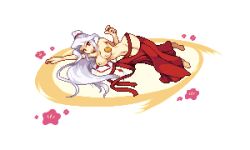  1girl barefoot breasts clothing_request commentary_request flower food fruit full_body grey_hair large_breasts long_hair looking_at_viewer lowres lying mandarin_orange navel new_year nipples on_side oppai_mochi original pink_flower pixel_art ponytail red_eyes smile solo topless very_long_hair warabin_(suteki_denpun) white_background wide_ponytail 