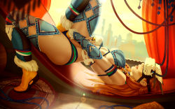  1girl aloy_(horizon) ankle_boots arched_back argyle argyle_clothes argyle_cutout armlet black_panties blue_thighhighs boots breasts cable clothed_masturbation clothing_cutout commentary covered_eyes english_commentary female_masturbation fur_trim hair_bobbles hair_ornament halterneck hand_in_panties head-mounted_display highres horizon_(video_game) horizon_zero_dawn large_breasts leg_up lips long_hair masturbation narrow_waist orange_hair panties parted_lips realistic solo teeth themaestronoob thick_thighs thighhighs thighs tribal underboob underwear upper_teeth_only upside-down vambraces  rating:Explicit score:192 user:danbooru