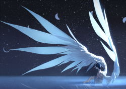 1boy angel_wings arsh_(thestarwish) bare_shoulders barefoot black_hair feathered_wings halo highres male_focus moon original reflection sitting sky solo space star_(sky) starry_sky transparent wings rating:Sensitive score:18 user:danbooru