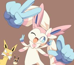 blue_sclera bow brown_background colored_sclera creatures_(company) crossed_arms eevee fang game_freak gen_1_pokemon gen_6_pokemon happy jolteon lets0020 nintendo one_eye_closed open_mouth pokemon pokemon_(creature) ribbon simple_background smile sylveon v white_eyes wink