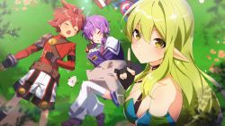  1girl 2girls ahoge aisha_landar bare_shoulders black_gloves blush breasts cleavage closed_eyes commentary creature diaper dress elf elsword elsword_(character) english_commentary finger_to_mouth fingerless_gloves fur-trimmed_sleeves fur_trim gloves grass green_hair hair_between_eyes hair_tubes hand_on_own_stomach highres index_finger_raised knight_(elsword) long_hair long_sleeves looking_at_viewer lying magician_(elsword) medium_breasts multiple_girls necktie open_mouth phoru_(elsword) pink_necktie pointy_ears pointy_hair purple_dress purple_hair ranger_(elsword) red_hair red_sweater rena_erindel ribbed_sweater sailor_collar sasa_(sa1008va) shorts shushing sidelocks size_difference sleeping staff sweater sword turtleneck turtleneck_sweater weapon white_legwear white_sailor_collar white_shorts yellow_eyes 