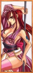 1girl armpits breasts brown_eyes cleavage collarbone earrings erza_scarlet fairy_tail hair_over_one_eye japanese_clothes jewelry kimono large_breasts long_hair mashima_hiro no_bra official_art pole polearm red_hair scan sideboob solo tattoo thighhighs weapon rating:Questionable score:36 user:danbooru