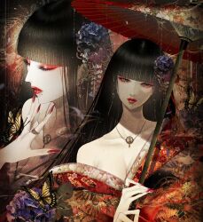  1girl absurdres breasts bug butterfly cleavage collarbone earrings flower highres insect japanese_clothes jewelry kimono lipstick long_hair looking_at_viewer makeup multiple_views oil-paper_umbrella open_clothes open_kimono original pale_skin ring satsuki_kei umbrella 