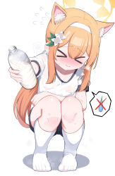  &gt;_&lt; 1girl absurdres animal_ear_fluff animal_ears black_shorts blue_archive blush bottle breasts closed_mouth commentary_request covered_erect_nipples embarrassed flower flying_sweatdrops fox_ears full_body gro_(lee145879) gym_shirt gym_shorts hair_flower hair_ornament hair_ribbon hairband halo heavy_breathing highres holding holding_bottle knees_together_feet_apart lactation lactation_through_clothes long_hair mari_(blue_archive) mari_(track)_(blue_archive) milk nose_blush orange_hair plastic_bottle ponytail ribbon see-through shirt shorts small_breasts socks solo spoken_symbol squatting steaming_body sweat tearing_up very_long_hair wavy_mouth white_hairband white_ribbon white_shirt white_socks 