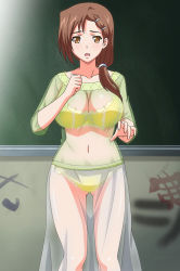  10s 1girl blush bra breasts brown_eyes brown_hair chalkboard cleavage clenched_hand collarbone embarrassed female_focus fingernails frilled_bra frilled_panties frills hair_ornament hair_tie hairclip harem_outfit highres hip_focus hiura_shiori indoors large_breasts legs lingerie long_hair long_image looking_at_viewer navel open_mouth panties pants screencap see-through shiny_skin shirt solo standing stitched tall_image teacher thighs third-party_edit underwear wall wanna_spartansex_spermax!!! yellow_bra yellow_panties  rating:Questionable score:99 user:dude15