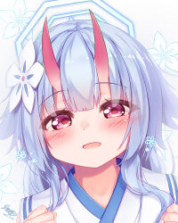 1girl :d blue_archive blue_hair chise_(blue_archive) clenched_hands commentary_request dated e-note hair_between_eyes hair_ornament halo horns japanese_clothes long_hair looking_at_viewer oni_horns open_mouth red_eyes sidelocks signature simple_background sleeveless smile solo white_background rating:General score:4 user:danbooru