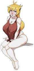  1girl ahoge android ass bare_shoulders barefoot blonde_hair blue_eyes blush bottomless breasts cleavage covered_erect_nipples curly_brace curvy doukutsu_monogatari feet highres huge_breasts joints long_hair marnic nipples pale_skin pinky_out pixel_art red_shirt robot robot_ears robot_joints shirt shirt_tug simple_background solo tank_top  rating:Questionable score:122 user:Ravert