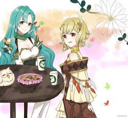  2girls :d aqua_hair armor bare_shoulders bird blonde_hair brand_name_imitation breasts brown_dress checkerboard_cookie chloe_(fire_emblem) citrinne_(fire_emblem) cleavage coffee_cup commentary_request cookie cup disposable_cup dress earrings feathers feh_(fire_emblem_heroes) fire_emblem fire_emblem_engage fire_emblem_heroes food green_eyes highres jewelry long_hair looking_at_viewer medium_breasts multiple_girls nintendo open_mouth otokajife owl red_eyes short_hair shoulder_armor smile starbucks table very_long_hair 