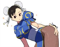  1girl asymmetrical_bangs bent_over black_hair bracelet breasts brown_eyes bun_cover capcom china_dress chinese_clothes chun-li double_bun dress hair_bun hand_on_own_thigh jewelry large_breasts lineni looking_at_viewer open_mouth pantyhose pelvic_curtain puffy_short_sleeves puffy_sleeves short_hair short_sleeves simple_background solo spiked_bracelet spikes street_fighter street_fighter_ii_(series) studded_bracelet taut_clothes taut_dress thick_thighs thighs white_background 