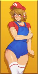  1boy absurdres blonde_hair blue_choker blue_eyes blue_leotard blue_overalls blush bulge choker clenched_hand collarbone combos_&amp;_doodles cosplay crossover earrings embarrassed hand_on_own_elbow highres jewelry leotard link looking_to_the_side male_focus mario mario_(cosplay) mario_(series) mushroom_earrings nintendo overall_leotard overalls pointy_ears red_headwear red_shirt shirt short_sleeves solo super_mushroom sweatdrop the_legend_of_zelda thighhighs trap white_thighhighs yellow_background  rating:Questionable score:37 user:danbooru