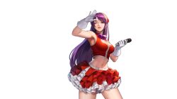  1girl asamiya_athena breasts cleavage gloves highres large_breasts long_hair matching_hair/eyes midriff navel official_art purple_eyes purple_hair skirt snk solo the_king_of_fighters the_king_of_fighters_all-stars 