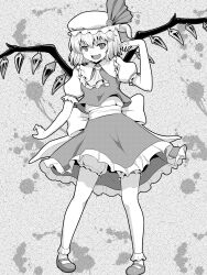  1girl :d ascot commentary_request crystal_wings flandre_scarlet full_body greyscale hat hat_ribbon highres kakone looking_at_viewer mob_cap monochrome one_side_up open_mouth ribbon shoes short_sleeves skirt smile solo touhou vest 
