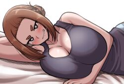  1girl bed_sheet black_tank_top blush breasts brown_hair cleavage collarbone grin hair_bun highres huge_breasts kaii_to_otome_to_kamikakushi kiteman442 looking_at_viewer lying mature_female mole mole_under_eye ogawa_sumireko on_side simple_background sleeveless smile solo tank_top thick_eyebrows upper_body white_background  rating:Questionable score:75 user:DarkToonLink