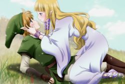 1boy 1girl bad_id bad_pixiv_id blonde_hair blue_eyes blush bracelet cloud couple eye_contact fingerless_gloves girl_on_top gloves grass hands_on_another&#039;s_face hat imminent_kiss jewelry link long_hair looking_at_another machinosuke nintendo pointy_ears princess_zelda sandals short_hair sky the_legend_of_zelda the_legend_of_zelda:_skyward_sword rating:Sensitive score:69 user:danbooru