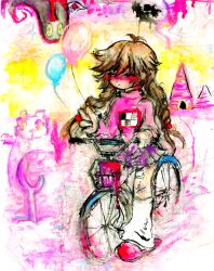  akibacore balloon bicycle blush brown_hair highres igloo madotsuki painting_(medium) pink_shirt purple_skirt red_footwear shirt skirt snow_shelter tokuto-kun traditional_media tree watercolor_(medium) yume_nikki 