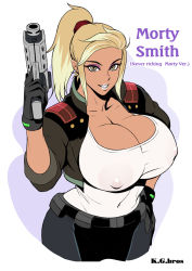  1girl blonde_hair breasts brown_eyes cleavage covered_erect_nipples cropped_jacket disguise genderswap genderswap_(mtf) gloves gun hand_on_own_hip highres huge_breasts kakugari_kyoudai looking_at_viewer morty_smith ponytail rick_and_morty see-through see-through_shirt smile solo weapon 