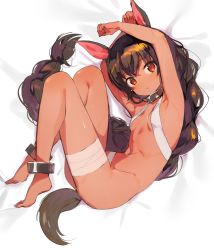  animal_ears bandages black_hair collar dark_skin konbu_wakame navel red_eyes solo tail  rating:Questionable score:32 user:Deoniionly