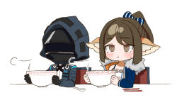  1girl 1other animal_ear_fluff animal_ears arknights bait_and_switch black_coat black_gloves blue_bow blue_jacket blush bow bowl chair chibi chocolatice chopsticks coat commentary_request fox_ears fur-trimmed_jacket fur_trim gloves hair_bow hood hood_up hooded_coat jacket long_sleeves mask motion_lines open_clothes open_coat open_jacket parted_lips perfumer_(arknights) ponytail short_hair sidelocks simple_background spoon sweatdrop swept_bangs triangle_mouth white_background 