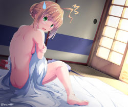 1girl ^^^ ahoge artist_name artoria_pendragon_(all) artoria_pendragon_(fate) ass back backboob barefoot blanket blonde_hair blush breasts butt_crack covering_privates day fate/stay_night fate_(series) full_body futon green_eyes hair_bun indoors kudou_maimu looking_at_viewer medium_breasts nude nude_cover on_bed saber_(fate) self_hug short_hair shoulder_blades sidelocks single_hair_bun sitting sliding_doors solo sunlight sweatdrop tatami tissue_box twitter_username unworn_clothes v-shaped_eyebrows wilted_ahoge rating:Questionable score:49 user:danbooru