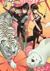  2girls absurdres afureru_colors animal armor artist_name ashiro_mina assault_rifle bare_shoulders belt_pouch black_bodysuit black_dress black_footwear black_hair bodysuit bond_(spy_x_family) boots breasts cleavage closed_mouth commentary crossover dagger dog dress earpiece english_commentary floating_hair floral_background gold_hairband great_pyrenees grey_footwear gun hair_between_eyes hair_ornament hairband hairclip highres holding holding_dagger holding_gun holding_knife holding_weapon insignia kaijuu_no._8 knife large_breasts long_hair looking_at_viewer mole mole_under_eye multiple_girls ponytail pouch red_eyes rifle short_hair_with_long_locks shoulder_armor sidelocks smile spy_x_family standing stiletto_(weapon) thigh_pouch thigh_strap tiger two-sided_dress two-sided_fabric weapon white_dog white_tiger yor_briar 