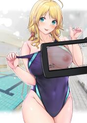  1girl :p absurdres aga_marino ahoge aqua_eyes armpit_crease bare_shoulders blonde_hair blue_one-piece_swimsuit blush breasts collarbone commentary_request competition_swimsuit covered_erect_nipples covered_navel cowboy_shot hachimiya_meguru hair_ornament hands_up highleg highleg_swimsuit highres idolmaster idolmaster_shiny_colors indoors large_breasts long_hair looking_at_viewer low_twintails nipples one-piece_swimsuit pool revision sleeveless solo star_(symbol) star_hair_ornament strap_pull swimsuit tile_floor tiles tongue tongue_out twintails video_camera x-ray_vision 