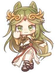  1girl :3 absurdres animal_ears belt brown_belt chibi chibi_only closed_mouth dress full_body green_eyes green_hair highres kemonomimi_mode kid_icarus long_hair looking_at_viewer nintendo no_nose palutena simple_background solo thighhighs white_background white_dress white_thighhighs yuukichi_(yu_kiti27) 
