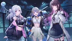 3girls :3 :d :o arm_at_side artist_request baseball_bat black_gloves black_ribbon black_shirt black_skirt black_thighhighs blue_eyes blue_hair blush braid breasts brown_hair chain-link_fence cleavage closed_mouth clothes_around_waist cloud coat collared_shirt colored_inner_hair copyright_name copyright_notice cropped_shirt double_helix earrings fence gloves grey_hair group_picture hair_bun hair_ribbon half_gloves half_moon highres holding holding_baseball_bat jacket jacket_around_waist jellyfish jewelry kinami_alice long_hair long_sleeves medium_breasts medium_hair midriff miniskirt mole mole_under_mouth moon multicolored_hair multiple_girls nail nail_bat navel night night_sky off_shoulder official_art open_mouth parallel_artist_project pink_eyes pink_hair pleated_skirt puffy_long_sleeves puffy_sleeves purple_eyes ribbon rooftop safety_pin see-through see-through_cleavage shirakasa_kurage shirt shirt_tucked_in side_braid single_side_bun skirt sky sleeveless sleeveless_shirt smile streaked_hair thighhighs two-sided_fabric two-sided_jacket v v_over_eye white_coat white_shirt yakushino_shino 