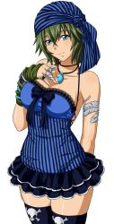  00s 1girl aqua_eyes arm_behind_back armpits bare_shoulders black_skirt black_thighhighs breasts cleavage collarbone eyebrows female_focus green_hair hair_between_eyes ikkitousen jewelry kyocho_chuukou large_breasts looking_at_viewer necklace official_art ring short_hair simple_background skirt smile solo standing strapless thighhighs white_background  rating:Sensitive score:11 user:_GrandMasterD_