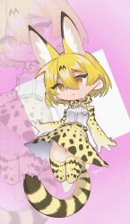  1girl animal_ears bad_id bad_twitter_id blonde_hair bow bowtie closed_mouth commentary_request cowboy_shot cropped_legs elbow_gloves extra_ears gloves hair_between_eyes highres inactive_account jmeysan kemono_friends looking_at_viewer orange_eyes pink_background print_bow print_bowtie print_gloves print_skirt serval_(kemono_friends) serval_print shirt short_hair skirt sleeveless sleeveless_shirt smile solo tail thighhighs white_shirt zoom_layer 