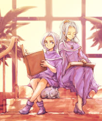  1990s_(style) 1boy 1girl alfador amulet blue_eyes book brother_and_sister capelet cat chrono_(series) chrono_trigger dress earrings expressionless closed_eyes grey_eyes janus_zeal jewelry kuratomi long_hair open_book pendant plant ponytail reading schala_zeal shoes short_hair siblings silver_hair sitting sitting_on_stairs smile stairs tommy0117 