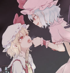 2girls ascot bad_id bad_pixiv_id bat_wings blonde_hair blue_hair dress flandre_scarlet hat hat_ribbon honotai mob_cap multiple_girls open_mouth pink_dress puffy_sleeves red_dress red_eyes remilia_scarlet ribbon saliva short_sleeves siblings sisters smile tongue tongue_grab tongue_out tongue_pull touhou wings rating:Sensitive score:41 user:danbooru