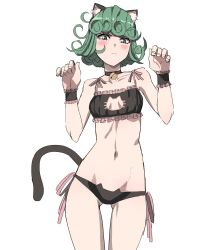 1girl animal_ears bell blush bra breasts cat_cutout cat_ears cat_tail choker claw_pose closed_mouth clothing_cutout collarbone curly_hair frown green_hair highres jingle_bell jourd4n looking_at_viewer looking_down navel neck_bell one-punch_man panties simple_background small_breasts solo standing tail tatsumaki underwear white_background rating:Sensitive score:196 user:danbooru