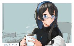  1girl ahchih alternate_costume black_hair black_sweater blue_eyes blue_hairband coffee_mug cup hairband highres holding holding_cup jewelry kantai_collection long_hair long_sleeves mug necklace ooyodo_(kancolle) ring smile solo sweater turtleneck turtleneck_sweater upper_body 