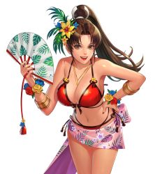  1girl bikini breasts brown_eyes brown_hair cleavage hand_fan hand_on_own_hip highres large_breasts long_hair navel official_art parted_bangs ponytail red_bikini sarong shiranui_mai side-tie_bikini_bottom smile snk solo stomach swimsuit tagme transparent_background  rating:Questionable score:20 user:Gavo2
