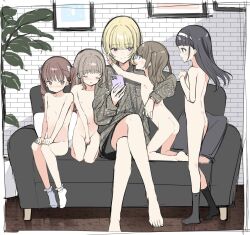  5girls age_difference arms_around_neck ass barefoot black_hair blonde_hair bobujirou brick_wall cellphone character_request clothed_female_nude_female copyright_request couch crossed_legs feet female_focus female_masturbation flat_chest full_body grey_hair grin hairband harem highres holding holding_phone indoors loli loli_harem long_sleeves masturbation multiple_girls nipples nude onee-loli open_mouth phone plant potted_plant sitting smartphone smile socks standing toes twintails two_side_up white_hairband yuri  rating:Explicit score:531 user:ponekad