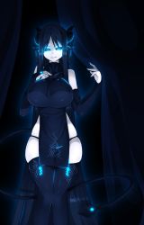  1girl absurdly_long_hair bare_shoulders black_hair blue_dress blue_eyes blue_gloves blue_thighhighs breast_suppress breasts bridal_gauntlets colored_skin curvy demon_girl demon_tail dress elbow_gloves fingerless_gloves gloves glowing glowing_eyes grin half-closed_eyes hand_on_own_chest highres horns huge_breasts loincloth long_hair looking_at_viewer mirana_(sub-res) original pale_skin panties pelvic_curtain short_dress side_slit sidelocks smile solo string_panties sub-res tail thighhighs turtleneck turtleneck_dress underwear very_long_hair white_skin wide_hips  rating:Sensitive score:61 user:danbooru