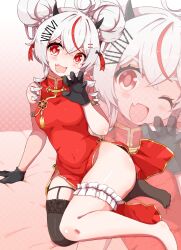  absurdres ahoge angel angel_girl arm_belt bare_legs bare_shoulders blush breasts china_dress chinese_clothes demon demon_girl demon_horns double_bun dress garter_straps gloves hair_bun hair_buns hair_ornament hairclip highres horns knkhnp nephilim_(species) phase_connect red_dress red_eyes red_streak remilia_nephys small_breasts thick_thighs thighhighs thighs tight_clothes tight_dress virtual_youtuber white_hair wide_hips  rating:General score:7 user:RS445
