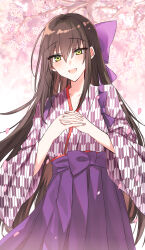  1girl :d blush bow branch brown_hair collarbone commentary_request commission flower green_eyes hair_between_eyes hair_bow hakama hakama_skirt highres interlocked_fingers japanese_clothes kimono kinona long_hair looking_at_viewer open_mouth original own_hands_together petals print_kimono purple_bow purple_hakama skeb_commission skirt smile solo very_long_hair white_flower yagasuri 