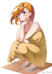  1girl absurdres armpit_crease bare_shoulders blush breasts closed_mouth collarbone dress feet flip-flops full_body hands_up head_rest highres legs looking_at_viewer love_live! love_live!_superstar!! medium_breasts medium_hair orange_hair parted_bangs purple_eyes sandals shadow shibuya_kanon simple_background sleeveless sleeveless_dress solo squatting toenails toes twitter_username white_background yellow_dress yzlkun  rating:Sensitive score:15 user:danbooru